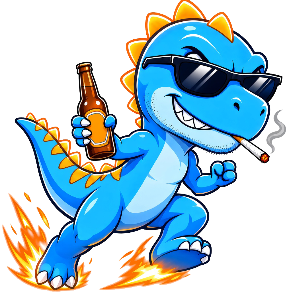 Cartoon dinosaur mascot wearing sunglasses